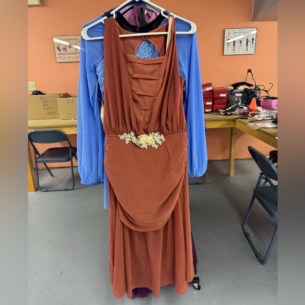 Weissman Brown Orange Ruched Halter Gown